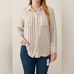 Nordstrom BP Tan & White Striped Button-Up Shirt | Long Sleeve Hi-Low Hem Size L